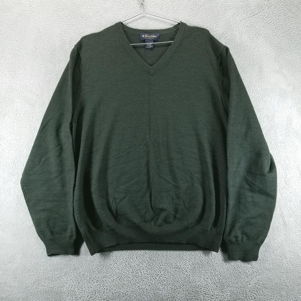 Brooks Brothers Sweater Mens L Green Merino Wool V Neck Knit Solid Pullover